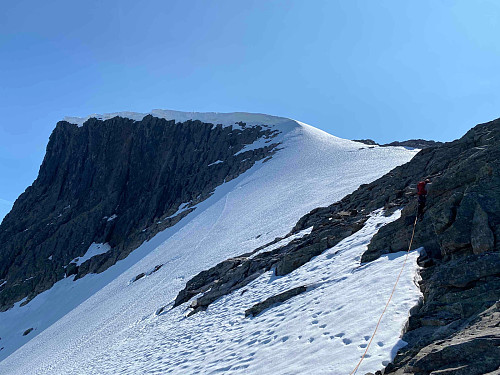 Ferdig med klatringa. Merk hjortetrakket på snøen
