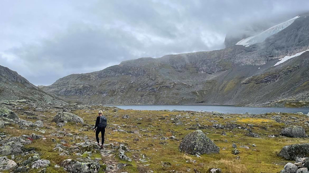 Fin sti "Oldeskaret" er å følge. Storevatnet og ryggen opp mot Hanekammen 1651 med Hengebreen. Ikkje godt å komme opp der på sommertid utan stegjern såg det ut til. 