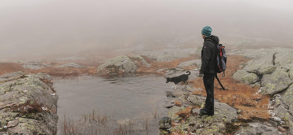 Inger & Kelly. Gråkalt i skodda og nysnø i lufta! Men, det skal seiast at Kelly bada i dammen. Men, ho ville heller ikkje uti to ganger! Forstår ho godt, eg fraus på "titlane" i våte joggesko :)