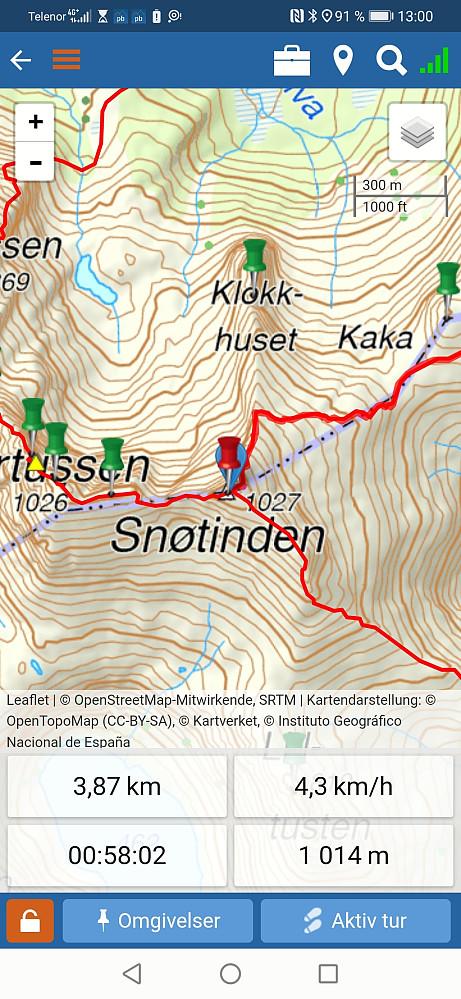 Løpstid til toppen av Snøtinden 1027 moh Stien var gjørmete og våt enkelte stader undervegs mot toppen! Men, så utruleg fin tur og eit flott område. 