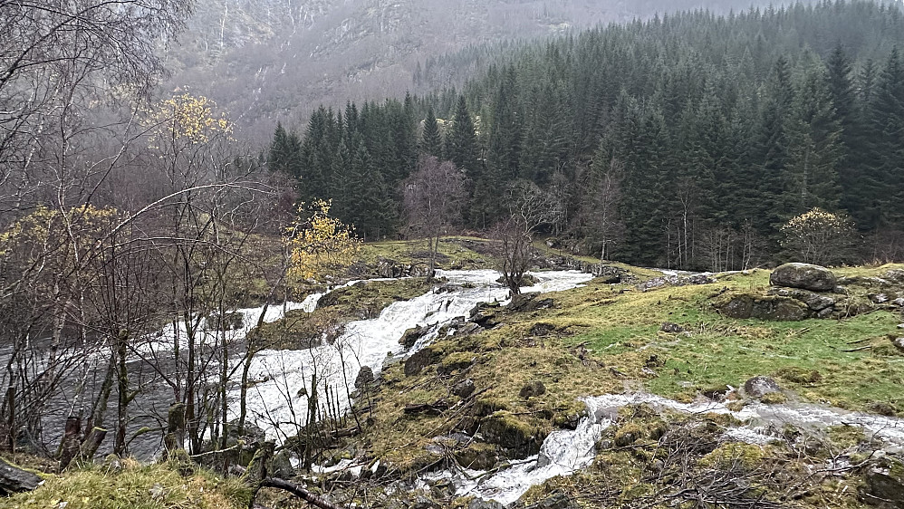Den gamle steinbrua ser ut til å halde stand mot dei enorme mengdene som fossar gjennom! 