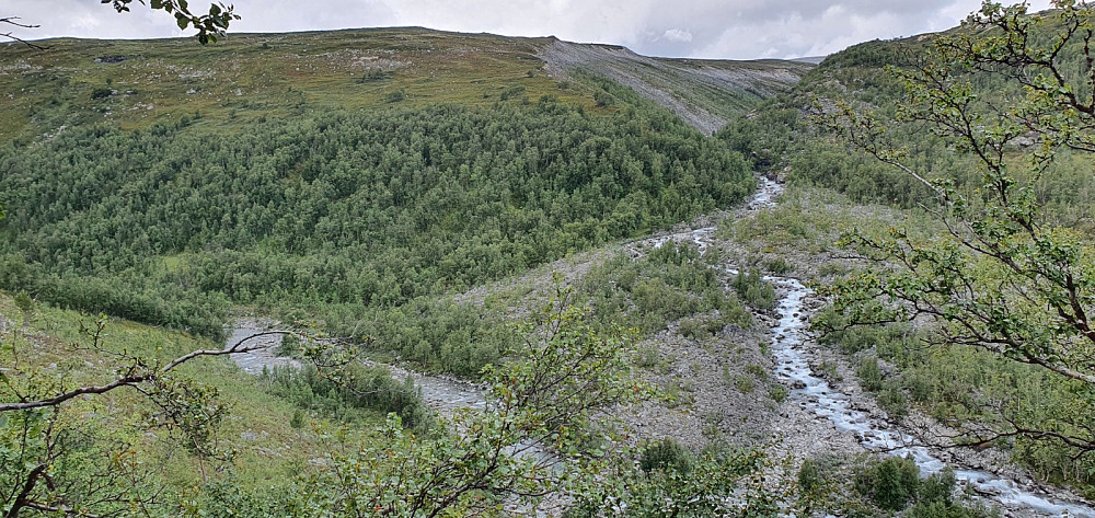 Fra stien og ned i dalen der en sideelv kom ned på andre siden. Veldig vakkert her inne i dalen 