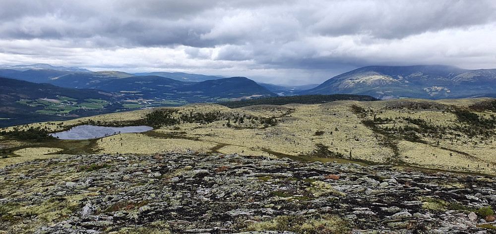 Utsikt nordover Østerdalen og med dagens første topp i bakgrunnen