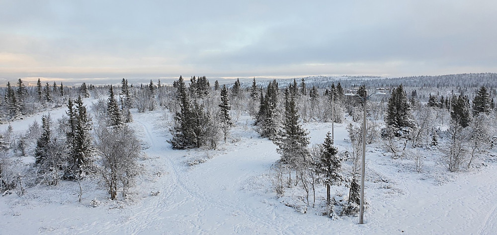 Utsikt fra tårnet og bort til det naturlig høyeste punkt, som er markert som toppen på kartet