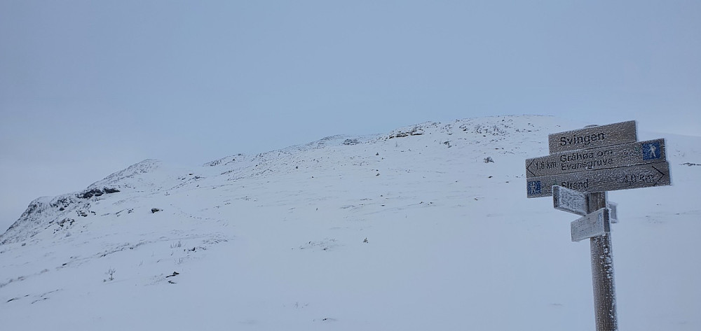 Fra skiltet her bar det oppover til Gruva, hvor åpningene til flere av gruvegangene var synlige pga lite snø
