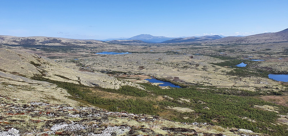 Fra Småklettan ned mot Alvdal og med Tron i bakgrunnen. Det var en lang kjøretur inn hit på veldig dårlig vei.