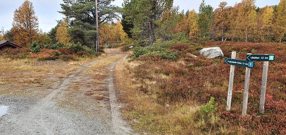 Skilt ved alle stier, og her var det slutt på grusveien, og det ble kjerrevei frem til Fugleskjellsætre