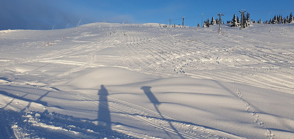 Det var kjørt en del opp og ned med snøscooter i alpinbakken, så det var hardt og lett å gå