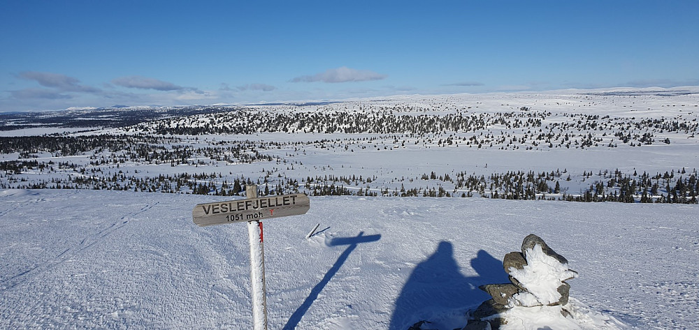 Fra toppen av Veslefjell og ned mot start. I Bakgrunnen er Sjøsæterfjellet.