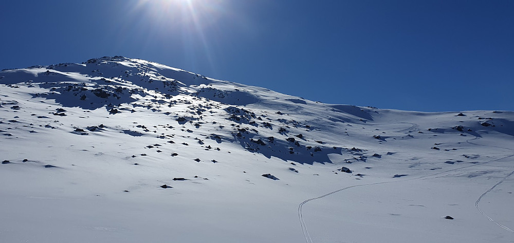 Tilbakeblikk mot fjellsiden hvor vi akte ned på perfekt snø