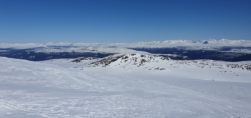 Fra ryggen opp Saukampen og ned mot Svarthøa. Rondane i bakgrunnen til høyre i bildet