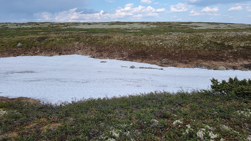 Her måtte jeg krysse en liten bekkedal fylt av snø