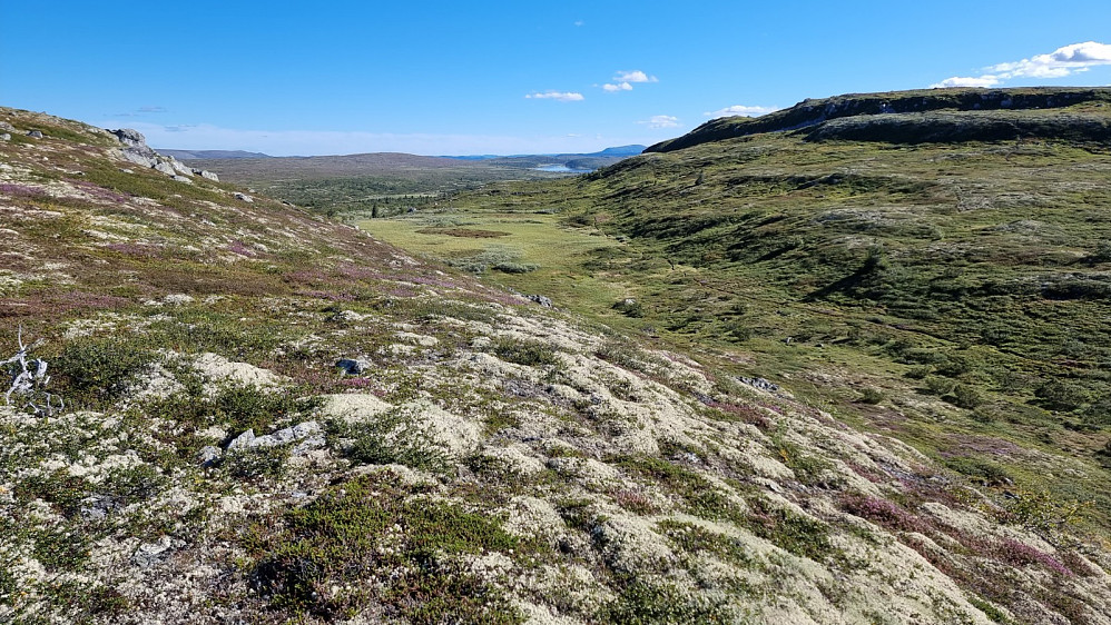 Tilbakeblikke på stien jeg gikk inn til fjellet. Sørtoppen til høyre
