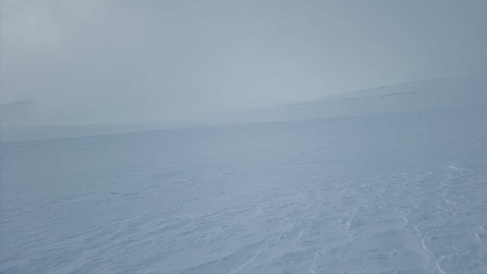 Tilbakeblikk opp mot tåka jeg kom ut av. Det ble ikke noe fart på akingen ned igjen, da tåka gjorde at lyset var flatt, og farten måtte tilpasses forholdene