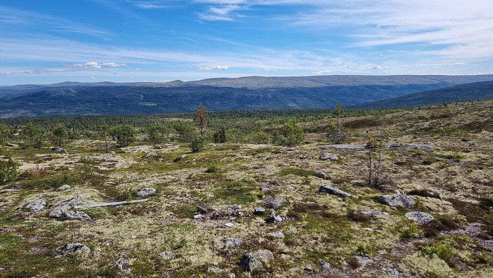 Utsikt over dalen og mot gårsdagens topper