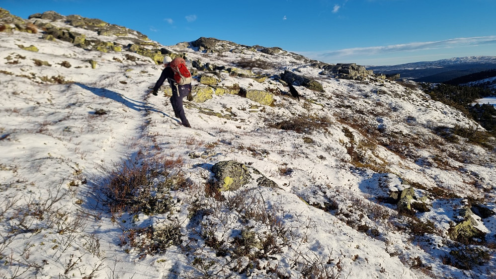 Litt snø i stien, men ikke spesielt glatt. Det ble en del gåing i kupert terreng, så det ble god trim.