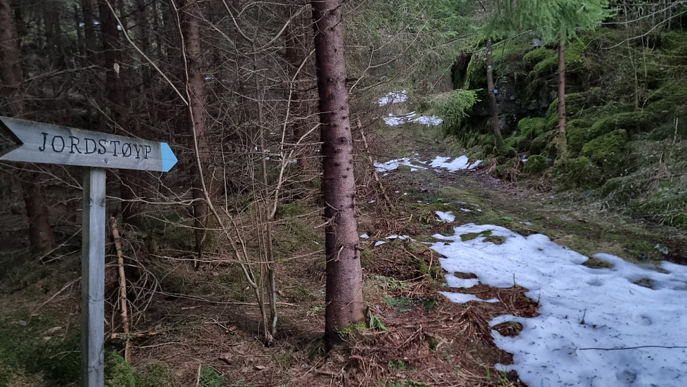 Skilt der stien tok av opp skogen