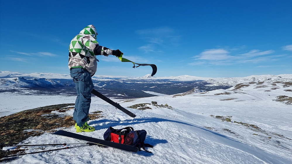 Det blåste friskt på fjellet i dag, og det var litt stress å pakke ned fellene. Herfra fikk vi en flott og lang aketur ned igjen, med vinden i ryggen. Mer enn nok snø å ake på var det også