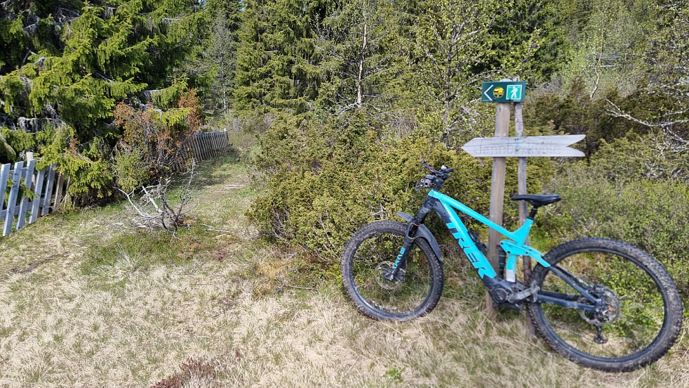 Skilt der stien startet. Jeg måtte trille sykkelen i noen bratte partier i skogen, men det gikk veldig greit sammenlignet med turen i på Kalven i går