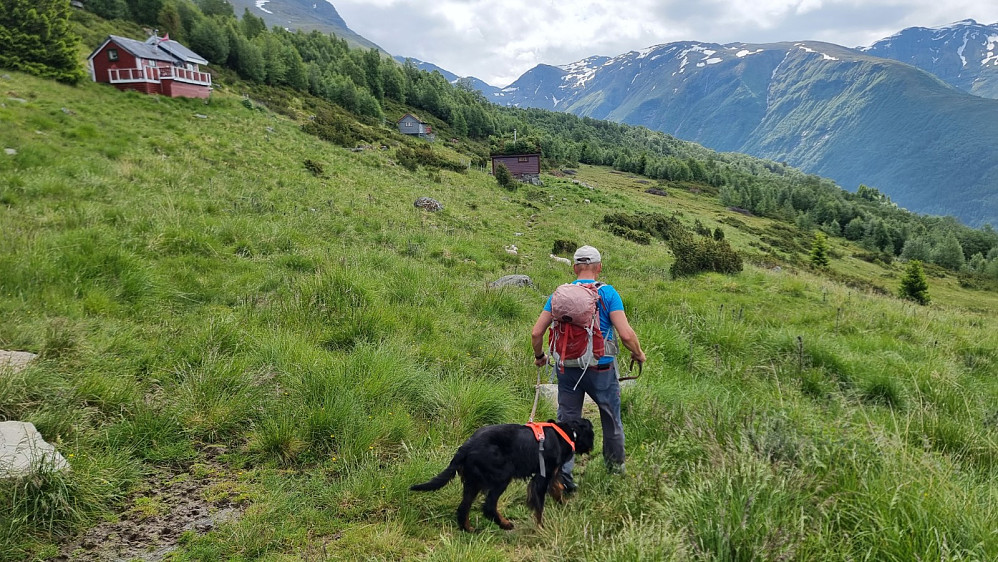 Her var det slutt på veien og vi tok fatt på en tydelig sti bortover lia. Ingen skilting eller merking av stien