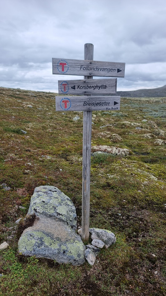Skilt i stikryss lengre inn. Her tok jeg av på en umerket sti til venstre opp mot turens første topp
