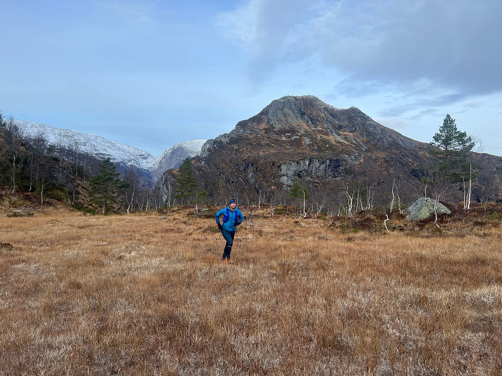 Fredrik med Kråkenos i bakgrunnen. Å løpe over frossen myr er en fryd. 