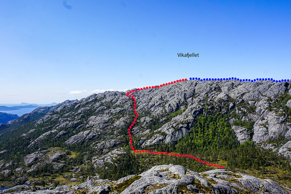 Rutevalget ned fra Vikafjellet. Rød rute starter med en renneformasjon ned mot et tjern, før den følger på siden/i en bekk. 