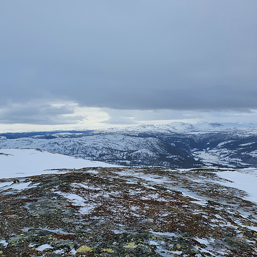 Utsikt mot Ramsfjella fra toppen av Gragjelfjellet. Gråværsdag med snøbyger og vind, spesielt over tregrensa. Noe kjedelig oppstigning langs Hurundsjøvegen, men fint fra Skauslettet og opp.