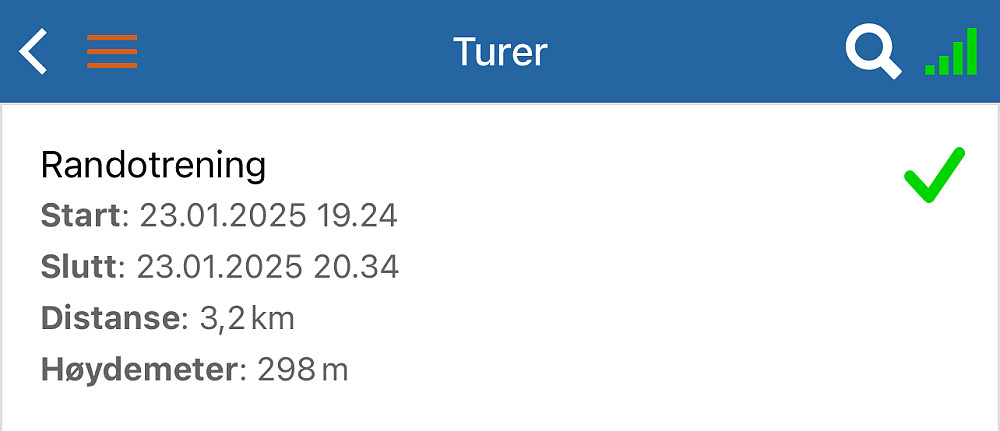 Den ene av dagens to turer til toppen av alpinbakken og ned igjen. Dessverre sto PeakBook appen på en gratis-bruker konto og ikke GSM-kontoen min. Logger bedre ved neste trening om en uke for å teste ut sporingsmulighetene i appen