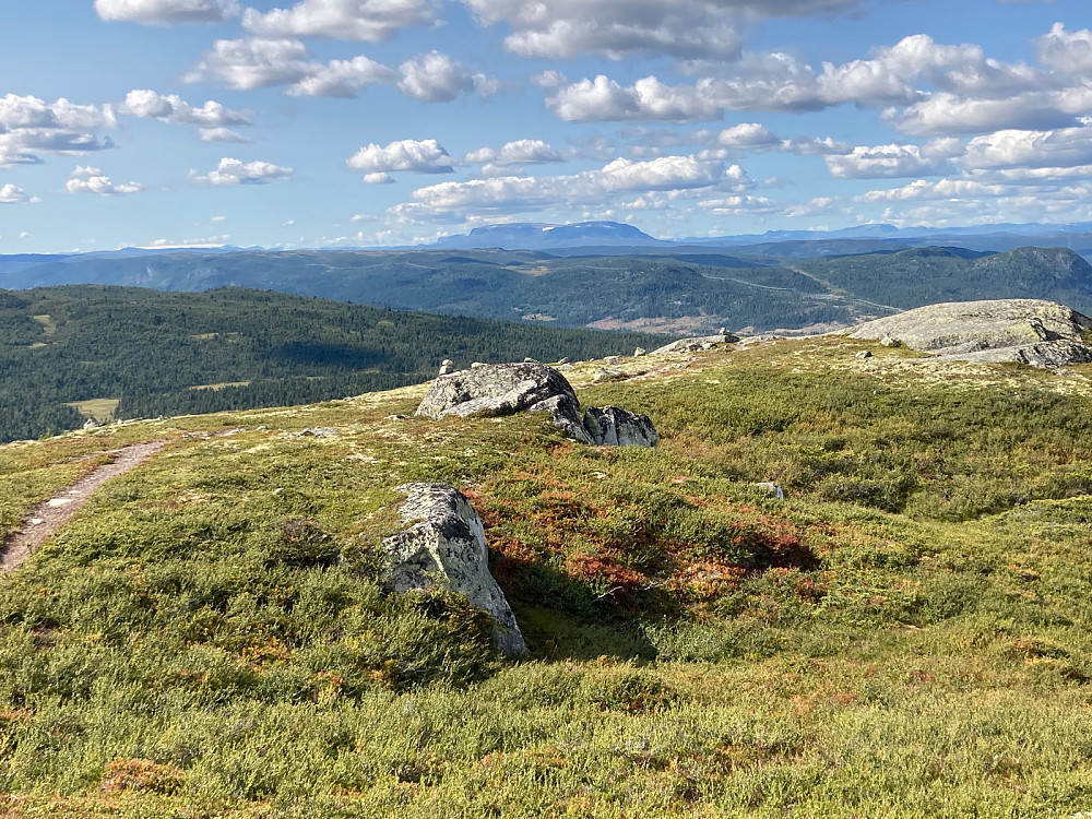 Utsikt fra Dusehesten til Hardangerjøkulen og Hallingskarvet til venstre i bildet.