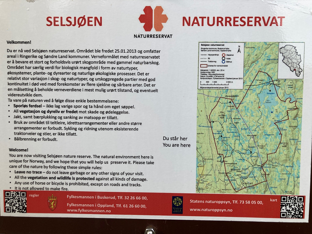 Informasjon som står ved inngangen til Selsjøen naturreservat.