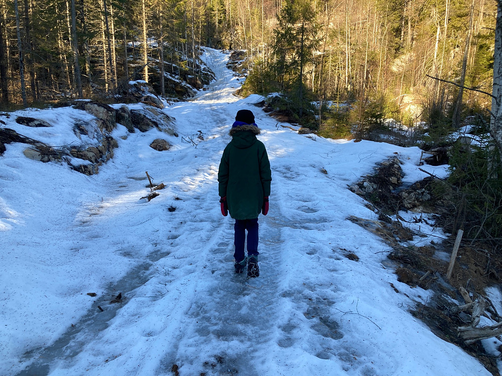 Vegard har fått på seg brodder og gikk greit opp de isete bakkene.