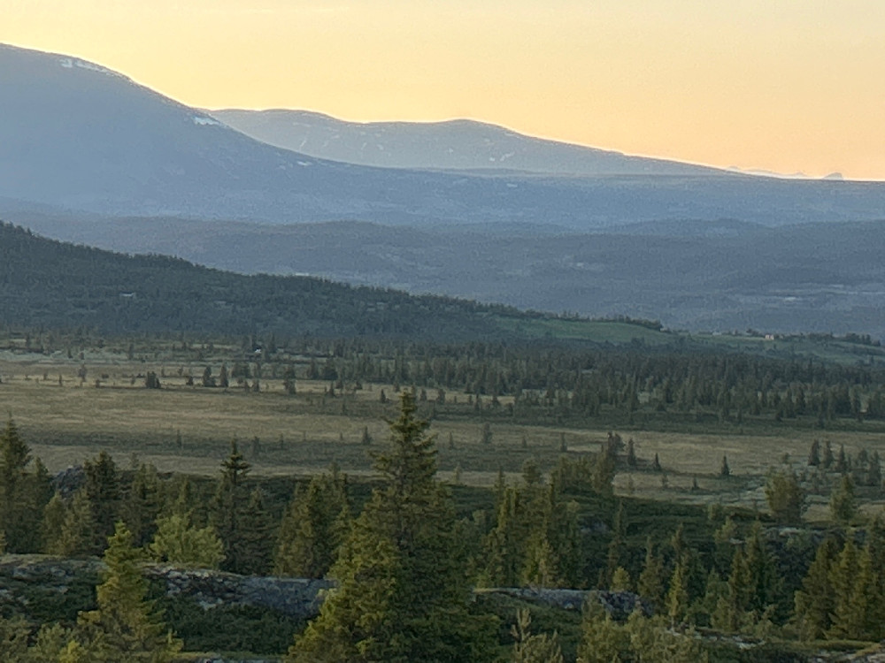 Antar det er Nautgarstind i Jotunheimen som stikker opp langt til høyre i bildet. Muligens er det Bitihorn som er litt mørkere helt til høyre i bildet.