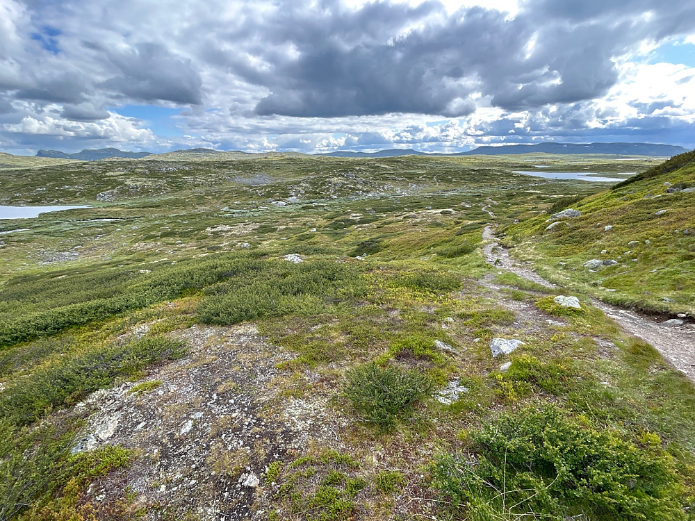 Et bedre parti på stien fra Hein med utsikt sørover til fjellene fra Bjordalsnutan til Store Grønenuten.