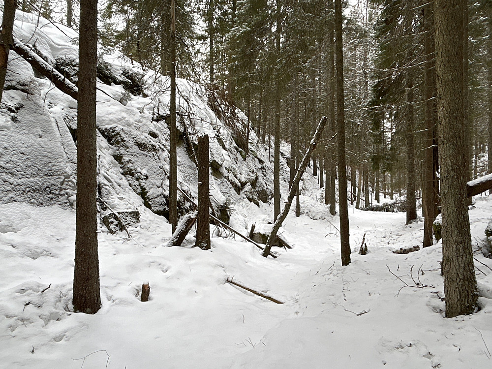 Et lite juv vi gikk gjennom med bratt fjell opp  mot Kinnåsen.