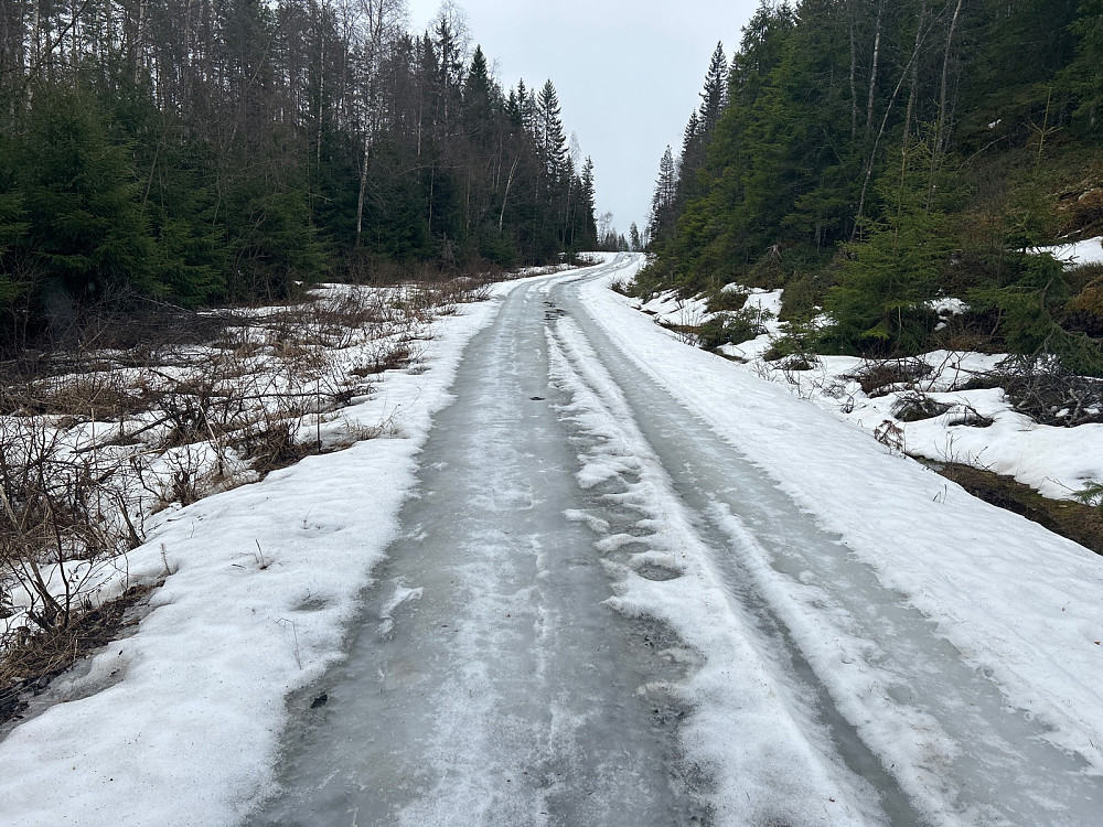 Mesteparten av veien var fri for snø. Kun dette stykket hvor det var is og snø.