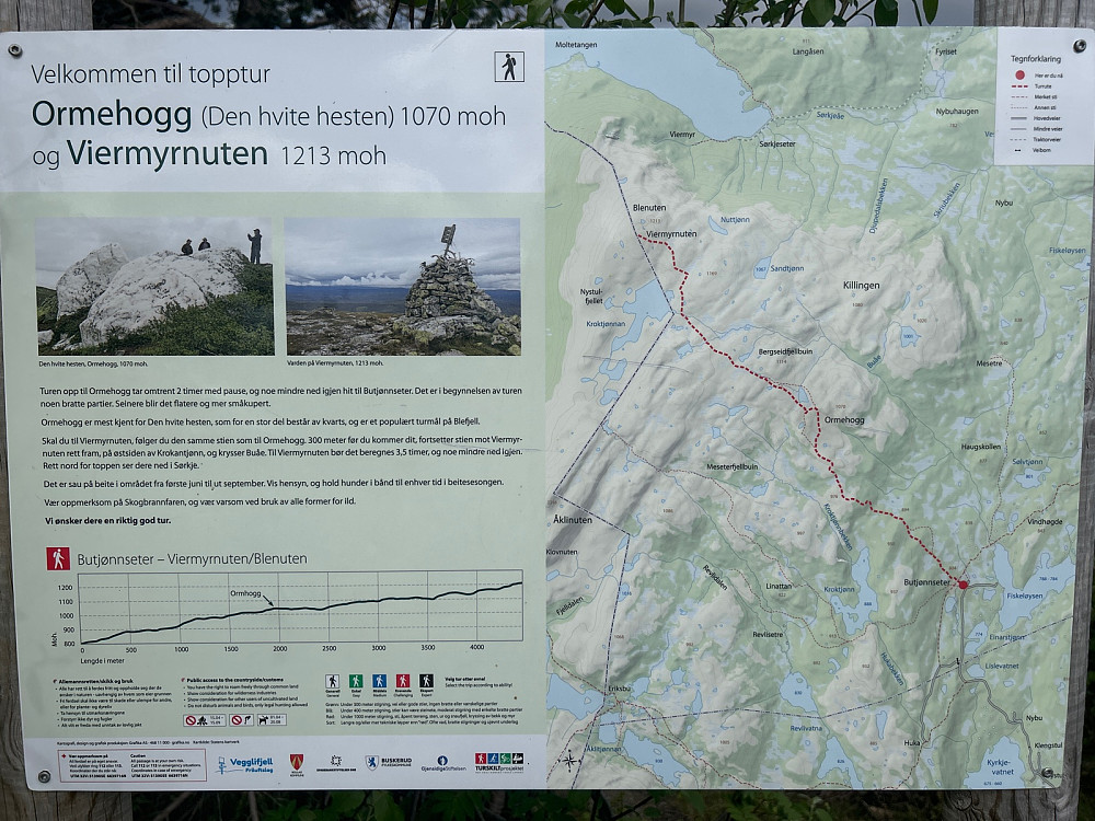 Plakat ved starten av turen som forteller at det tar 2 timer til Ormehogg og 3,5 timer til Viermyrnuten. Er det for å skremme folk fra å ta turen? Det er lagt på minst 50% på de tidene. Det stod også et fareskilt om bjørn på vei opp til Butjønnseter.