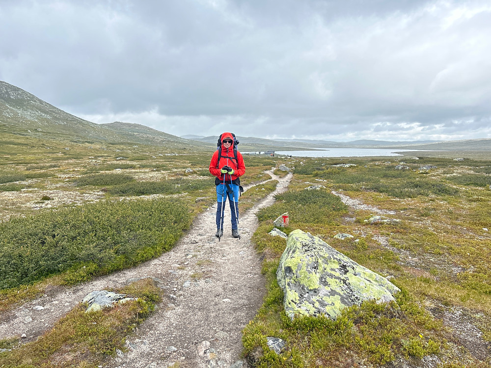 Her har jeg kommet opp på fjellet. Gjuvsjåen er det store vannet i bakgrunnen.