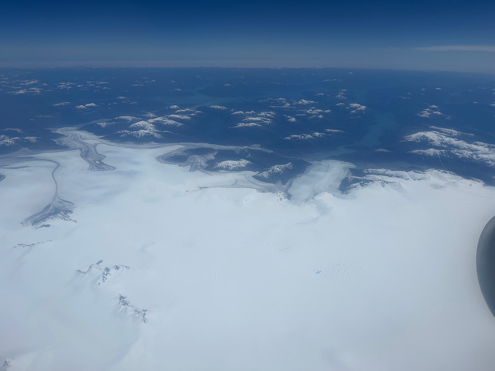 Her er vi over den søndre Patagoniske isbreen. Brearmene strekker seg ut i fjordene fra Stillehavet.