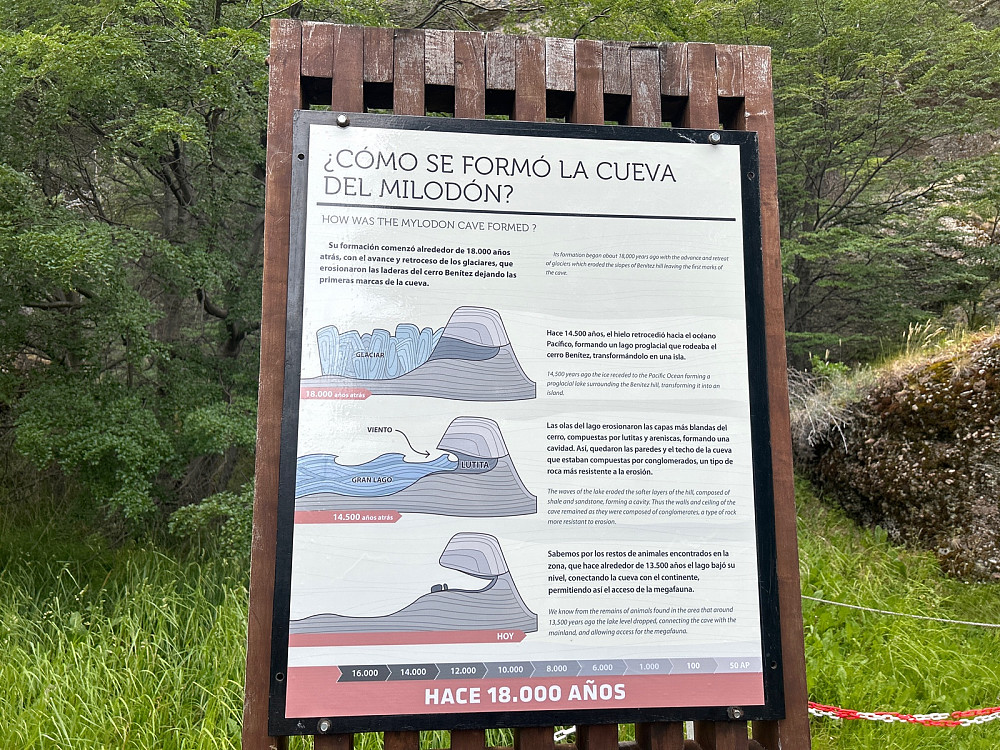 Plakaten forklarer hvordan hulen ble gravd ut under den siste istiden for 18.000 - 13.500 år siden.