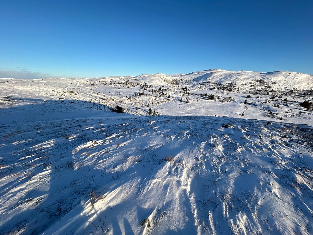 Her oppe vurderte jeg hvordan jeg skulle komme meg opp til toppen av Raudalsfjellet som ses lengst borte i dalen litt til venstre for midten av bildet. Det endte med at jeg fulgte ryggen til venstre i bildet fremfor å gå ned i dalen rett foran meg.