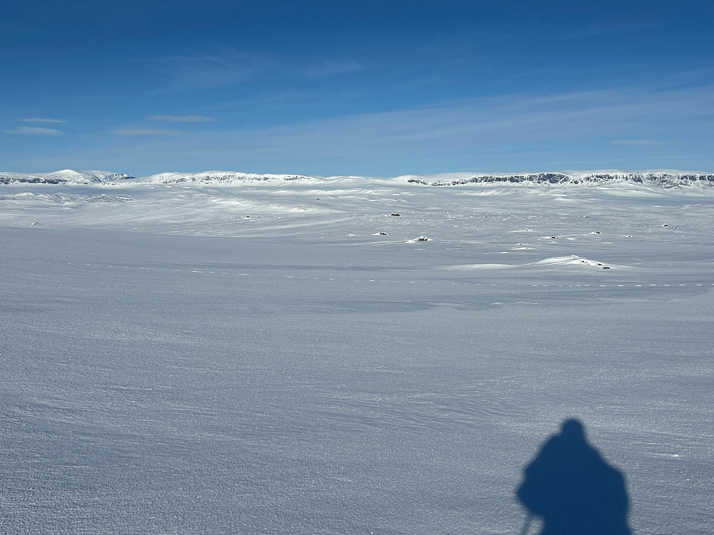 Like før toppen av Krækkjahæe med utsikt nordover til Hallingskarvet. Jeg får ikke øye på dalen ned mot Ustevatnet. Snøflaten går jo i ett.