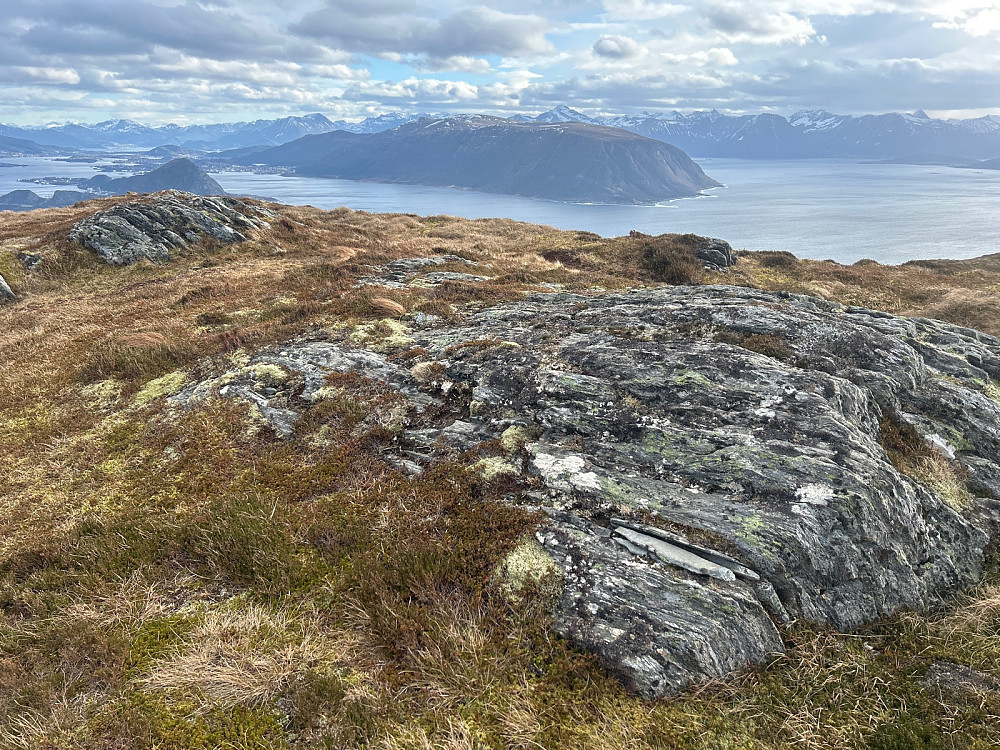 Storhornet nordøst på 477 moh med utsikt mot Sula og Sunnmørsalpene bak.