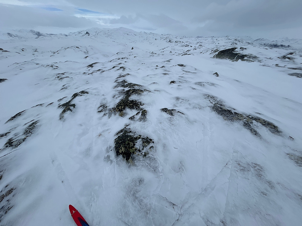 Oppe på toppen av Hestebottfjellet. Litt vanskelig å finne selve toppunktet. Og der vardene er plassert mener jeg ikke er høyest. Mitt forslag til høyeste punkt er dette bildet.
