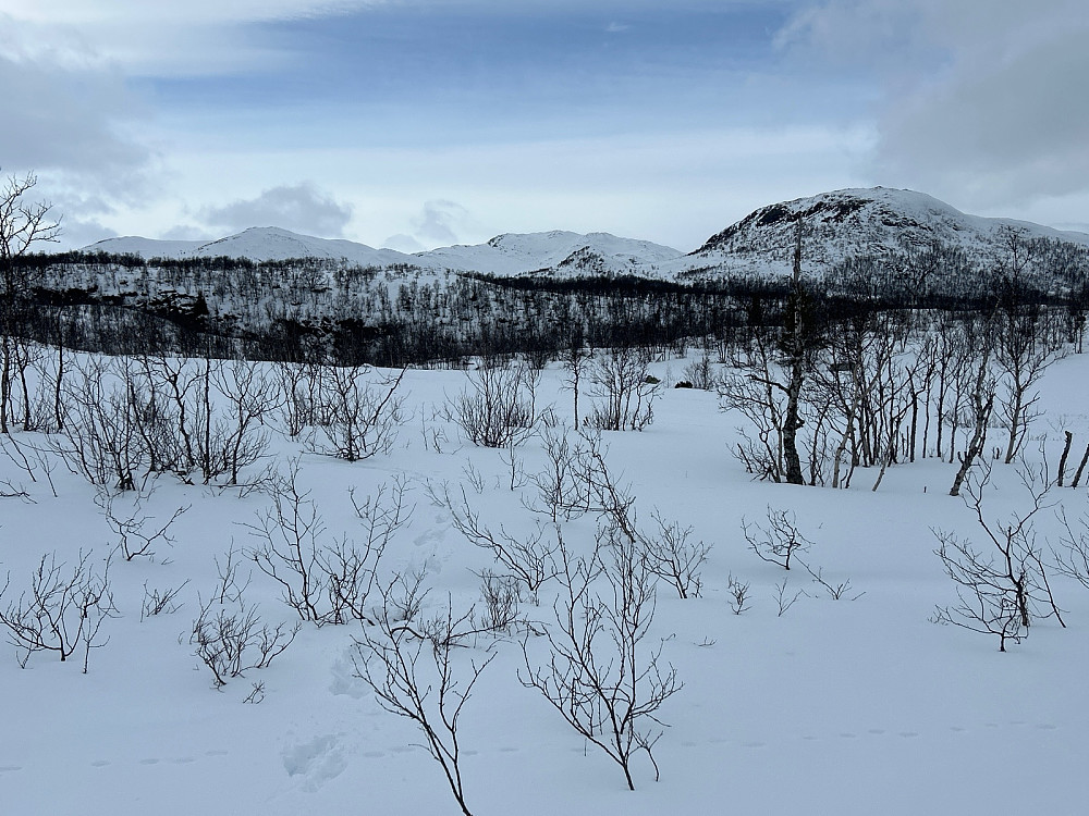 Tilbakeblikk fra parkeringsplassen til Hestebottfjellet midt i bildet i litt bedre vær enn da jeg var der en og en halv time tidligere.