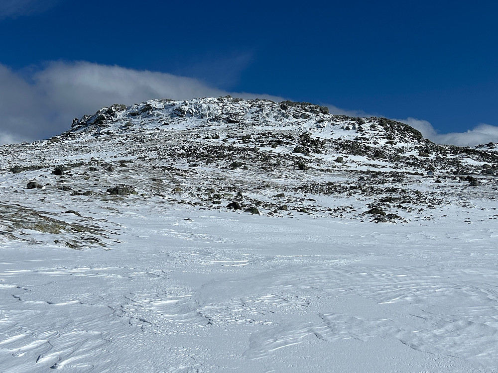 Jeg gikk bare på ski opp til enden av denne snøflaten. Deretter var det å gå til fots med staver til topps på Hestebottfjellet midt i bildet.