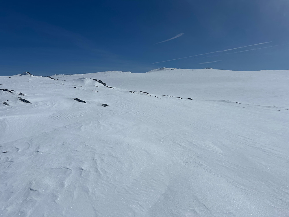 Det var fint å gå her oppover på helt super snø mot toppen av Blåbergi som ses midt i bildet.