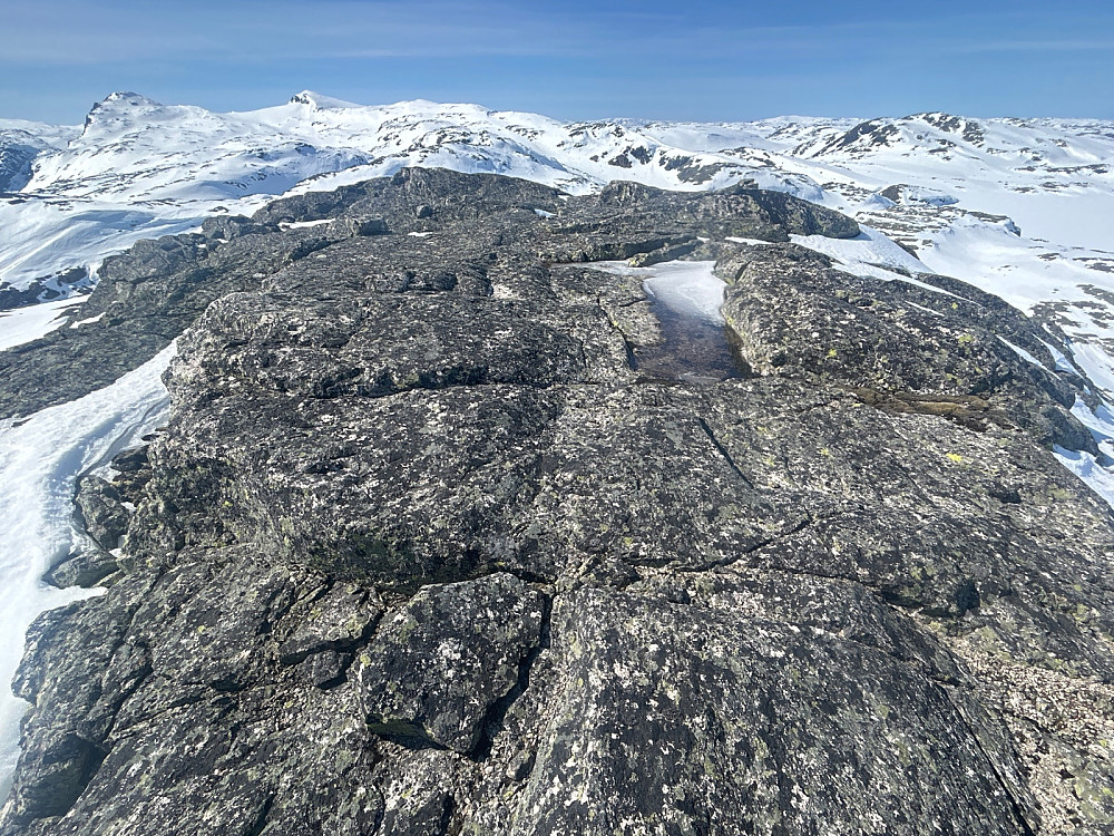 Toppen av "Tyrvlesnuten Vest" og utsikt vestover hvor det er godt med snø. Jeg drar kjensel på Urevassnutane til venstre i bildet.