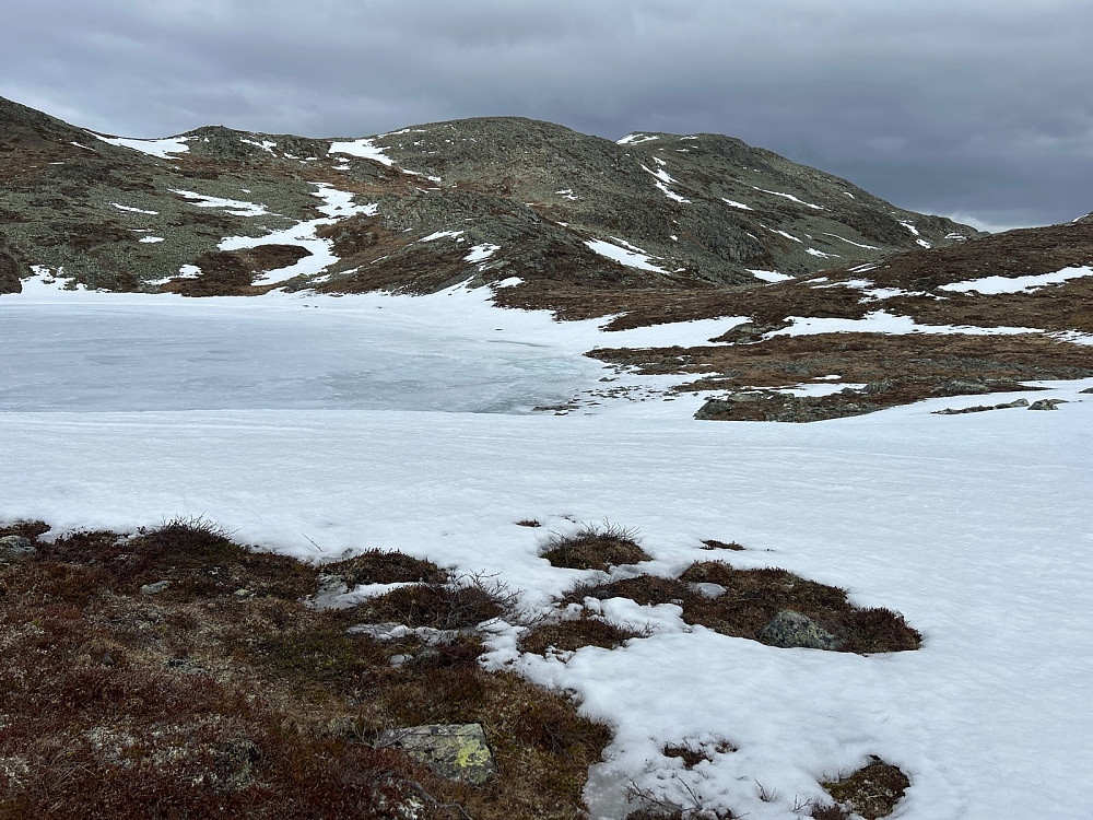 Her er snøfonna vi måtte liste oss over. Raudbergtjerne på 1356 moh er fortsatt islagt mens Storeskardnøse i bakgrunnen er nesten helt fri for snø.