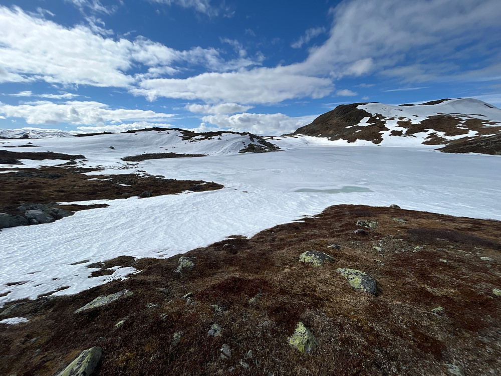 Det islagte Raudbergtjerne på 1356 moh og Raudberg på 1475 moh som vi ikke besøkte i dag.